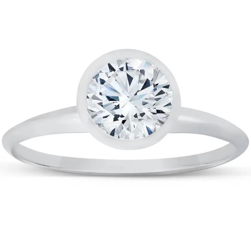 1Ct Bezel Solitaire Lab Grown Engagement Ring 14K White Gold Size Selectable 1