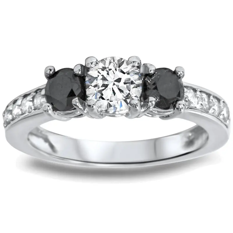 1Ct Black & White Diamond 3 Stone Ring 14K White Gold Size Selectable 1