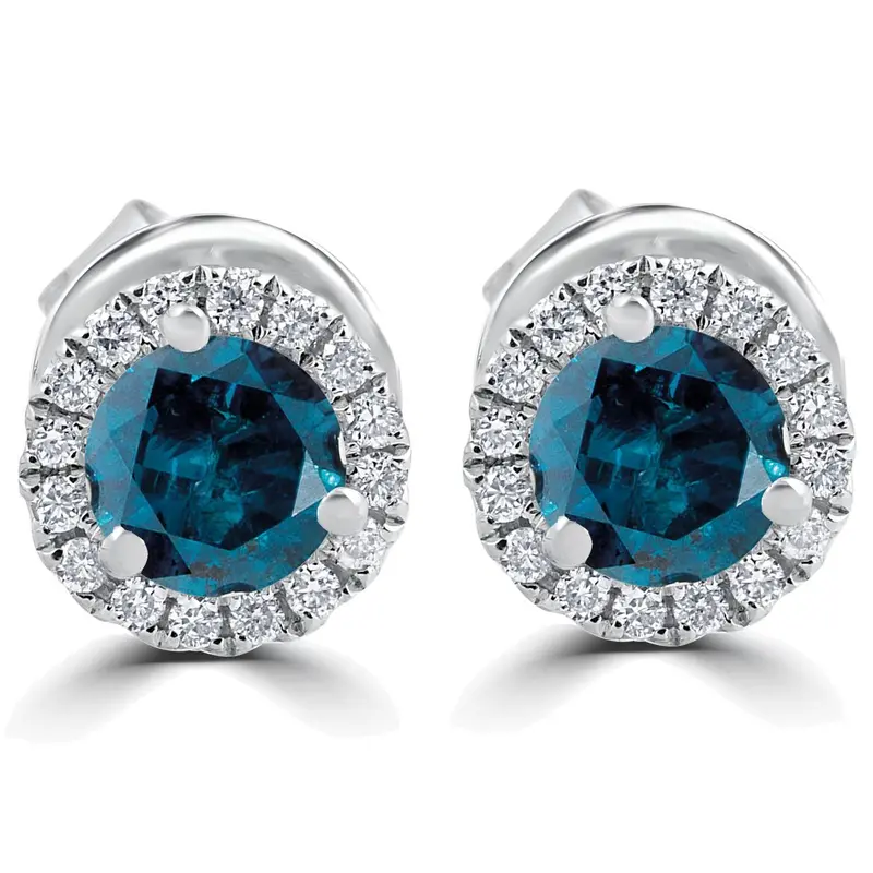 1Ct Blue Diamond Halo Studs 10K White Gold Earrings 1
