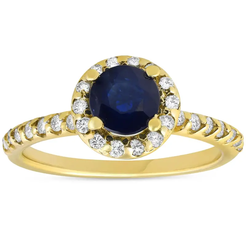 1Ct Blue Sapphire & Diamond Halo Engagement Ring 14K Yellow Gold Size Selectable 1