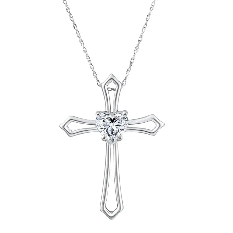 1Ct Cross Solitaire Heart Shape Diamond Necklace Gold Womens Necklace 1" Tall 1