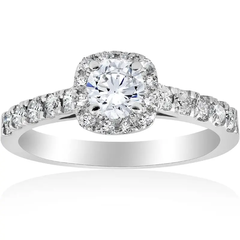 1Ct Cushion Halo Round Cut Diamond Engagement Ring 14K White Gold Size Selectable 1