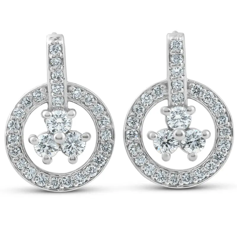 1Ct Diamond Circle Three Stone Drop Dangle Earrings 14K White Gold 1
