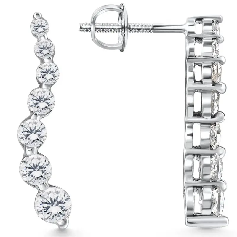 1Ct Diamond Journey Earrings 14K White Gold 1" Tall 1
