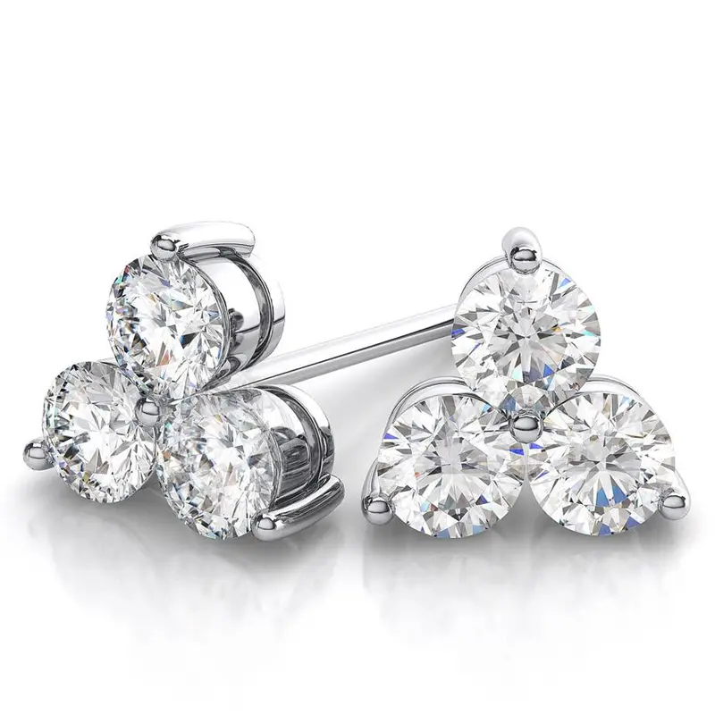 1Ct Lab Grown Diamond 3 Stone Studs Womens Earrings 14K White Gold 1