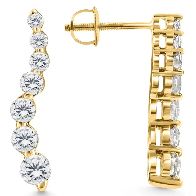 1Ct Natural Diamond Journey Earrings 7-Stone 14K Gold 1" Tall Screw Back Studs 1