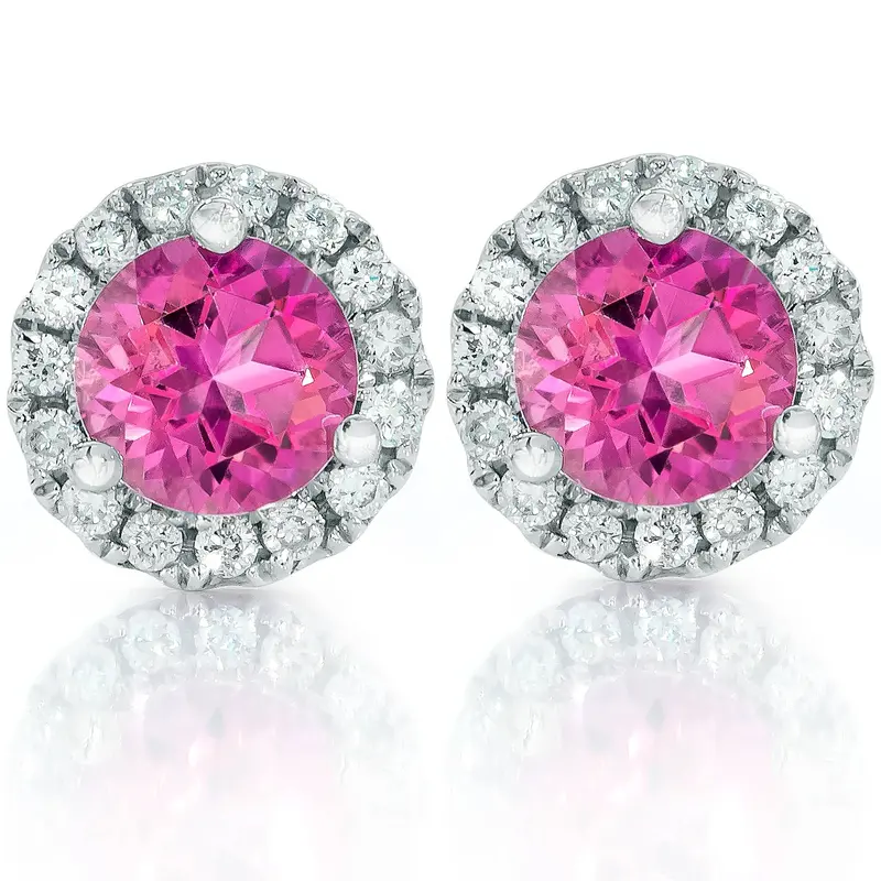 1Ct Pink Topaz & Diamond Halo Studs 10K White Gold 1