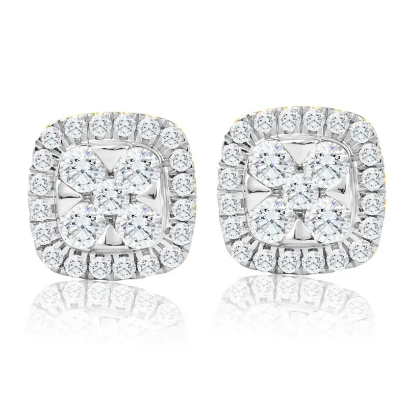1Ct T.W. Pave Diamond Cushion Halo Studs 10K Yellow Gold Lab Grown Earrings 1