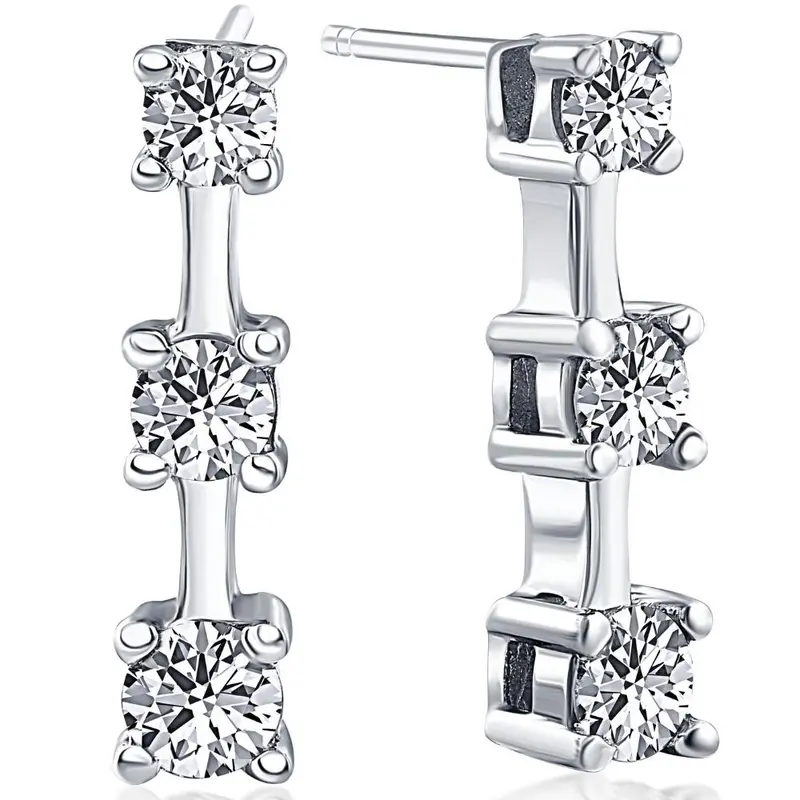 1Ct Three Stone Diamond Earrings 14K White Gold 1