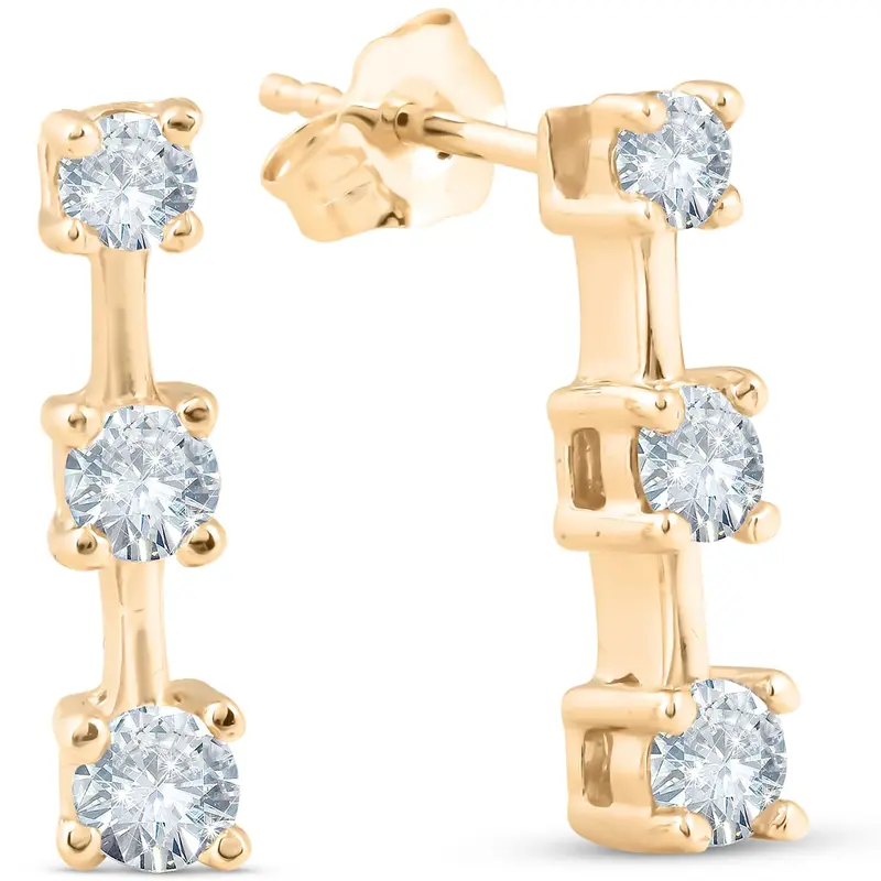 1Ct Three Stone Diamond Earrings 14K Yellow Gold 1