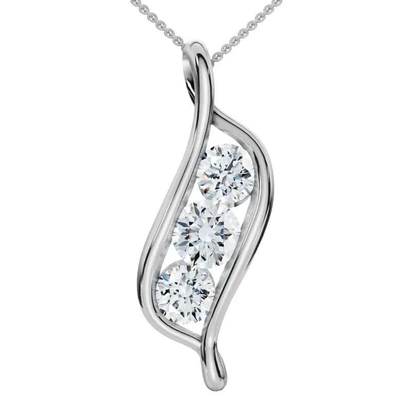 1Ct Three Stone Diamond Pendant 14K White Gold Necklace Lab Grown 1