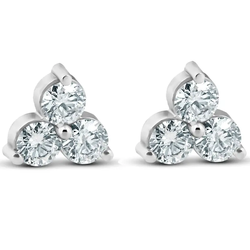 1Ct Three Stone Diamond Studs 14K White Gold 1