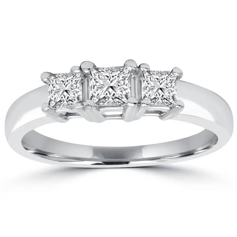 1Ct Three Stone Princess Cut Diamond Engagement Ring 14K White Gold Size Selectable 1