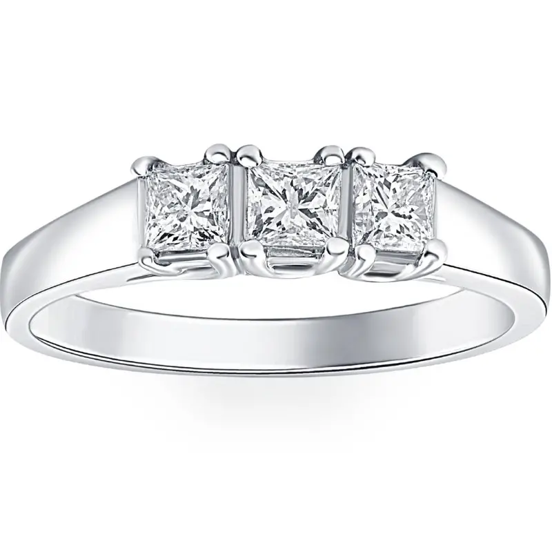 1Ct Three Stone Princess Cut Diamond Ring 14K White Gold Size Selectable 1