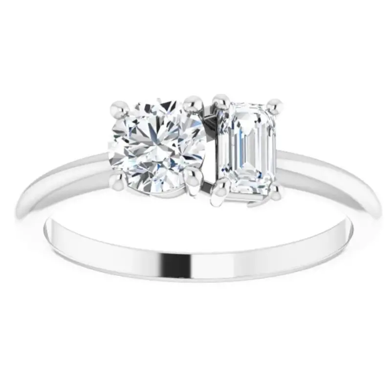 1Ct Two Stone Moissanite Emerald Round Engagement Ring White Yellow Or Rose Gold 1