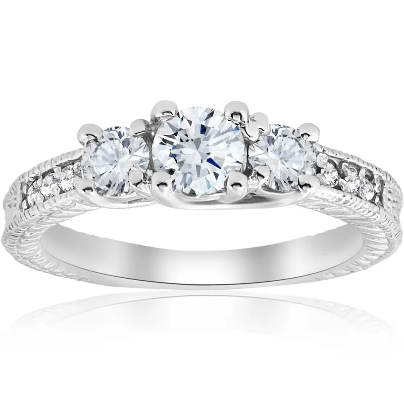 1Ct Vintage Diamond Three Stone Engagement Ring 14K White Gold Size Selectable 1