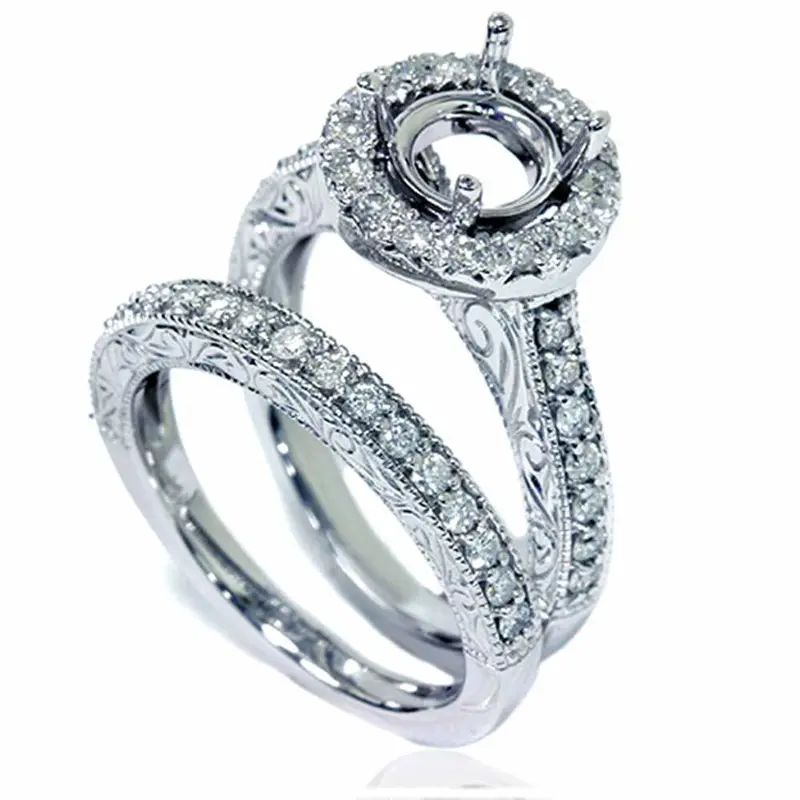 1Ct Vintage Engagement Ring Set Semi Mount 14K White Gold Size Selectable 1