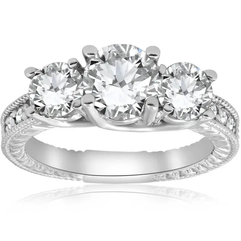 2 1/2Ct Vintage 3-Stone Lab Grown Diamond Engagement Ring 14K White Gold Size Selectable 1