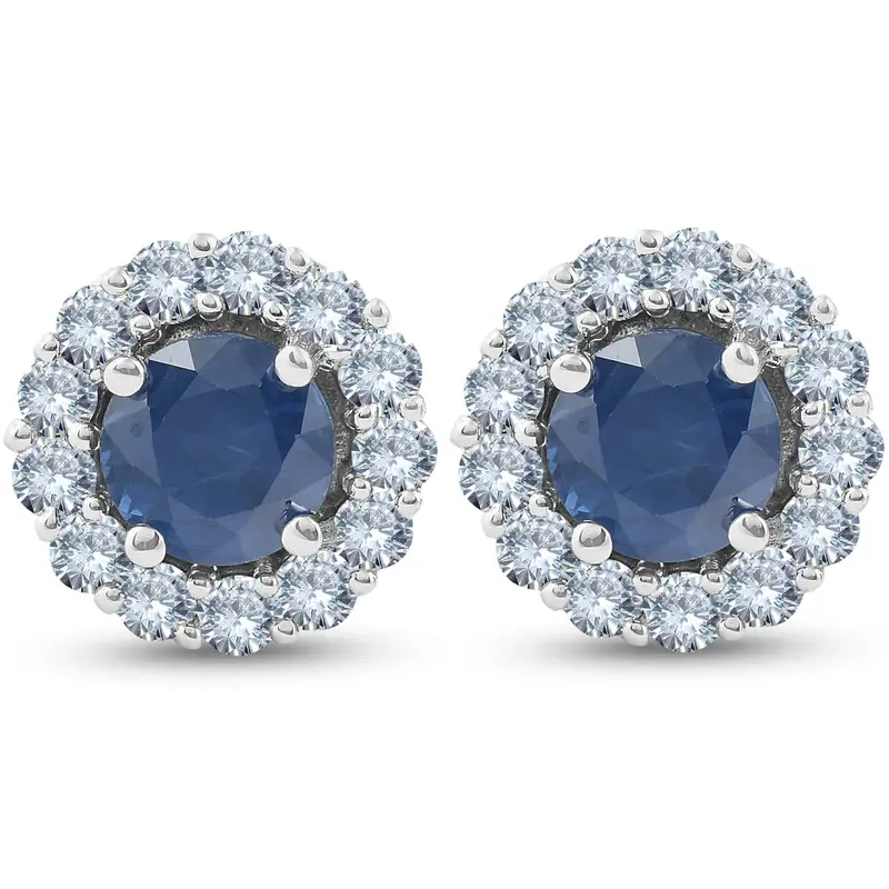 2 1/5 Ct Halo Diamond & Blue Sapphire Studs 14K White Gold 1