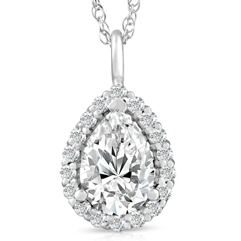 2 1/6 Pear Shape Moissanite & Lab Grown Diamond Halo Pendant 14K Gold Necklace 1