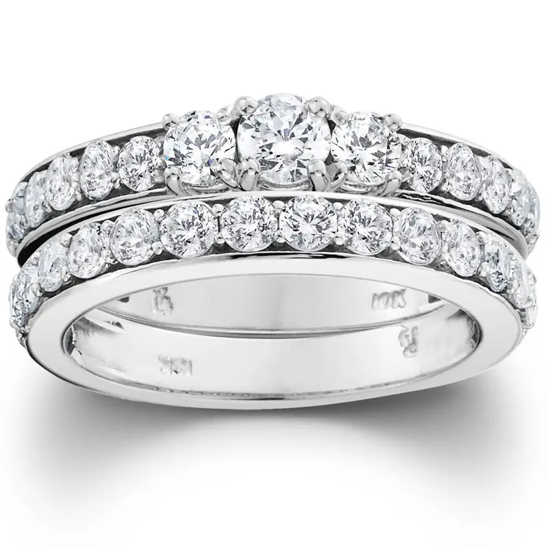 2 1/6Ct 3-Stone Diamond Engagement Wedding Ring Set 10K White Gold 1