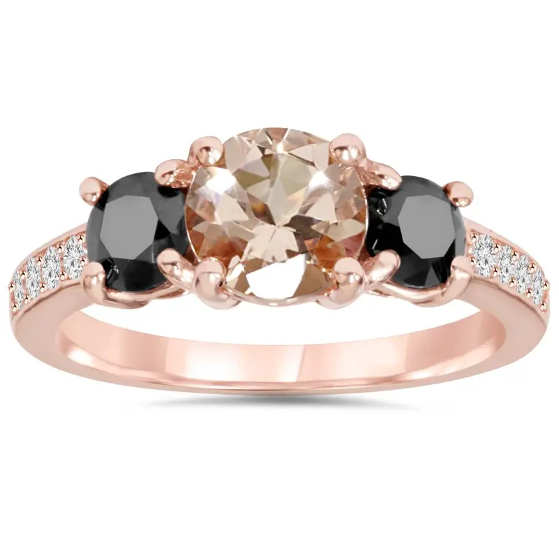 2.10Ct Morganite & Black Diamond Engagement 3-Stone Ring 14K Rose Gold Size Selectable 1