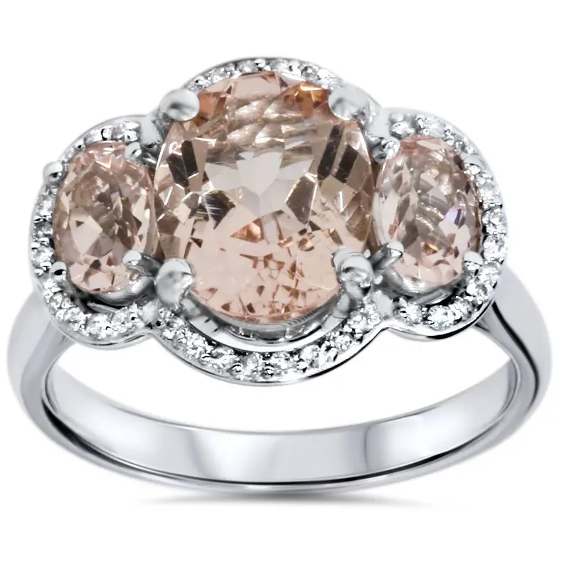 2 3/4Ct 3 Stone Oval Morganite & Diamond Halo Ring 14K White Gold Size Selectable 1