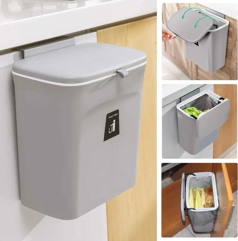 2.4 Gallon Kitchen Compost Bin For Counter Top Or Under Sink, Hanging Small Trash Can With Lid For Cupboard/Bathroom/Bedroom/Office/Camping, Mountable Indoor Compost Bucket, Gray 1