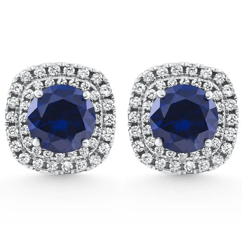 2.65Ct Cushion Halo Blue Sapphire Diamond Studs 14K White Gold Earring Lab Grown 1