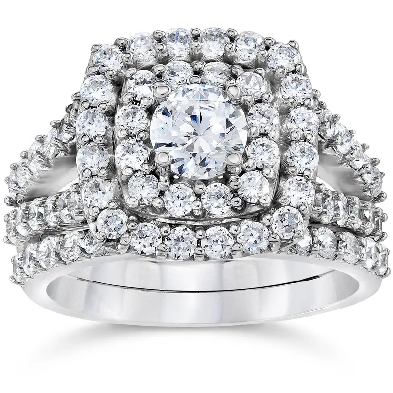 2 Ct Tw Diamond Engagement Cushion Halo Engagement Ring Set White Gold Lab Grown 1