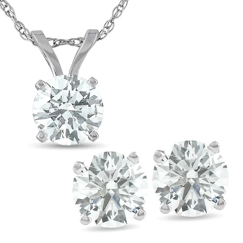 2 Cttw Diamond Solitaire Necklace & Studs Earrings Set 14K White Gold 1