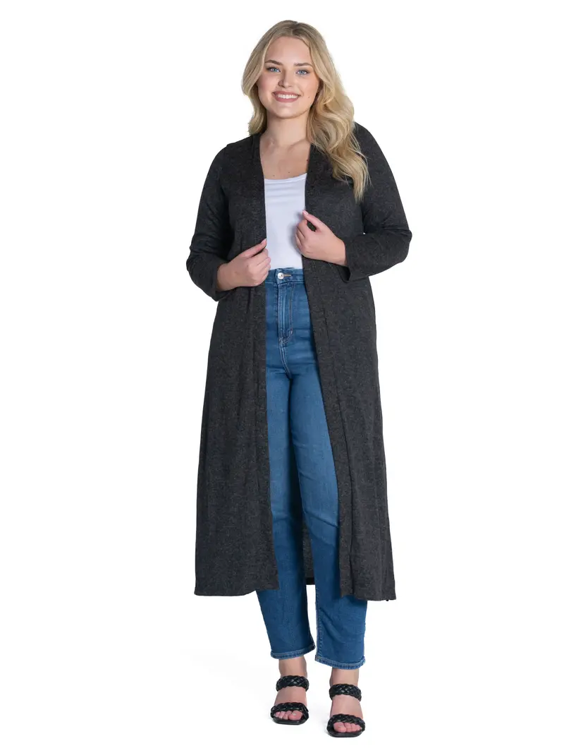 24Seven Comfort Apparel Plus Size Long Duster Open Front Knit Cardigan 1