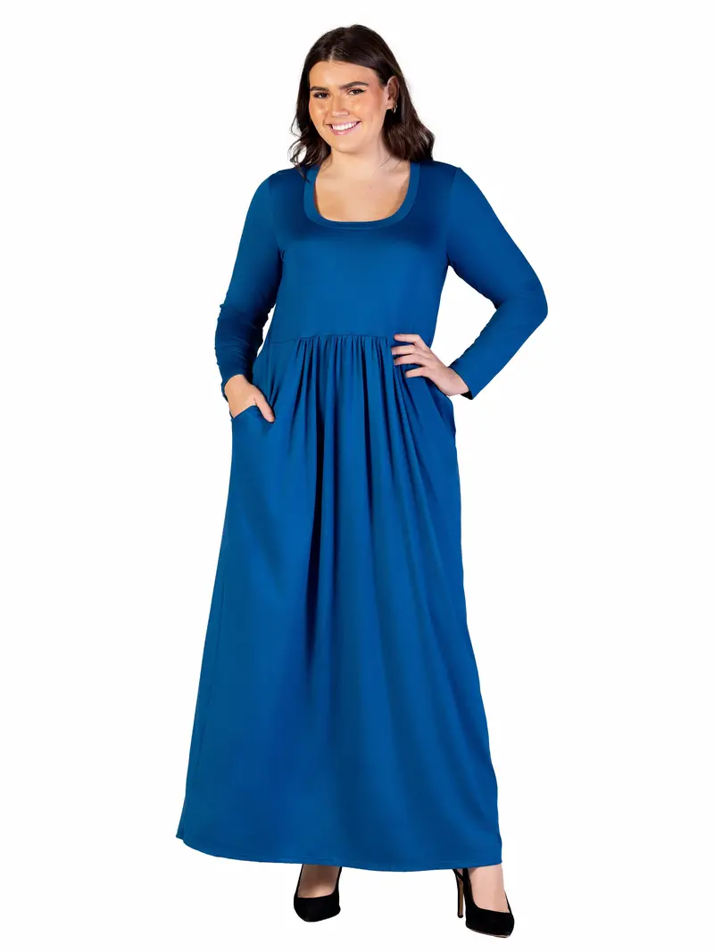 24Seven Comfort Apparel Plus Size Long Sleeve Empire Waist Pocket Maxi Dress 1