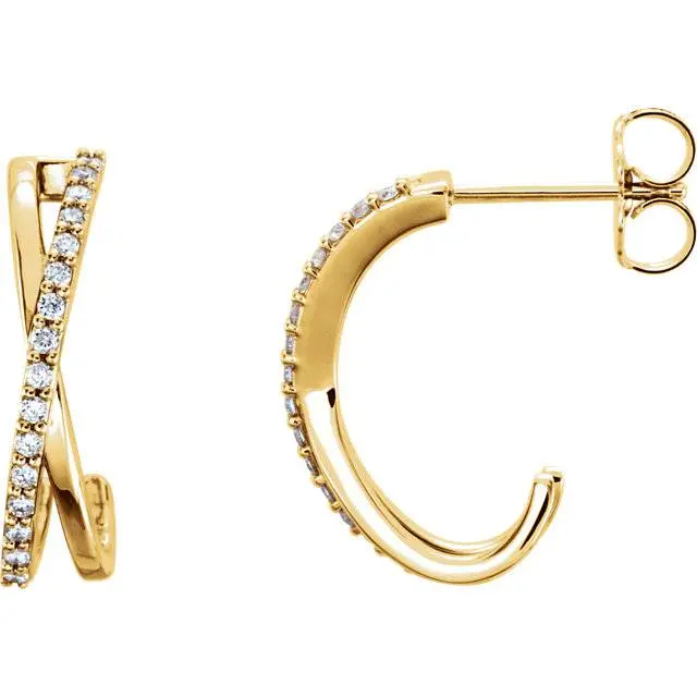 .25Ct 14K Yellow Gold Diamond Hoops Criss Cross Earrings 3/4" Tall 1