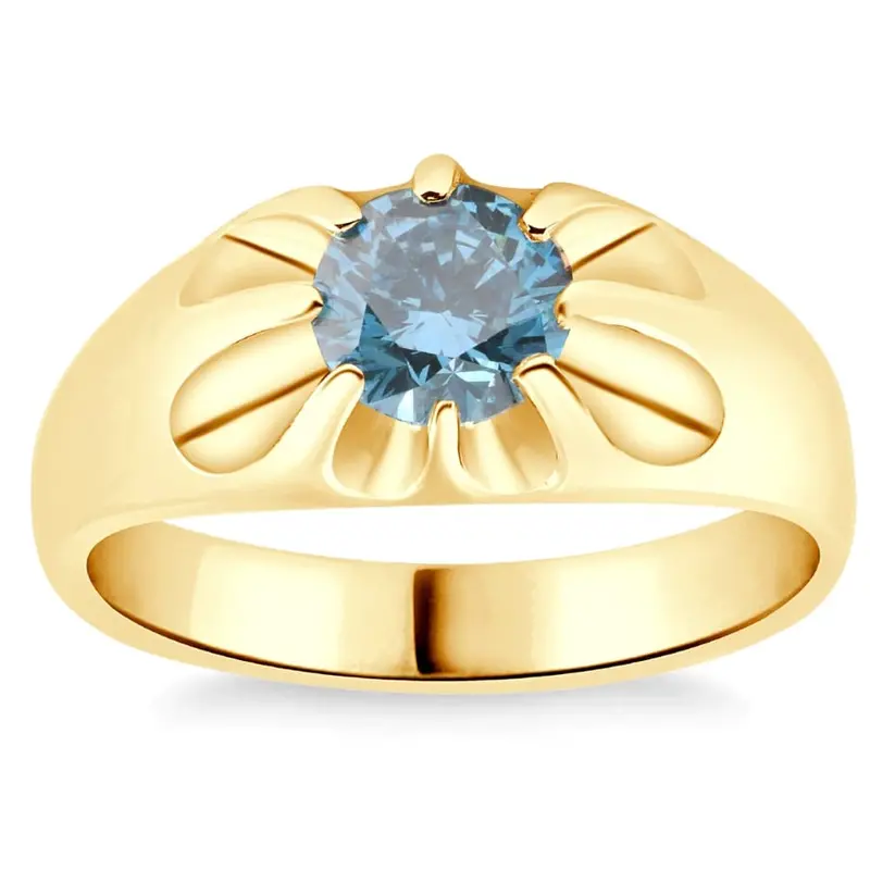 2Ct Blue Diamond Men's Belcher Solitaire Ring Gold High Polished Lab Grown 1