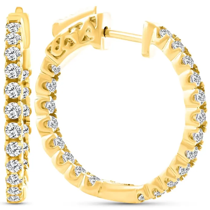 2Ct Diamond Inside Outside 14K Yellow Gold Hoops 10 Grams Lock 1" Tall 1