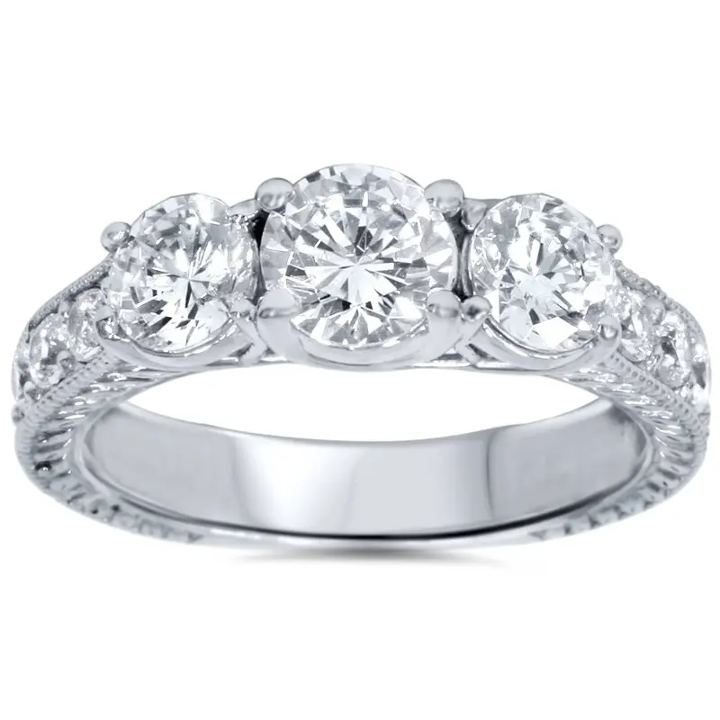 2Ct Vintage Three Stone Round Diamond Engagement Ring 14K White Gold Size Selectable 1