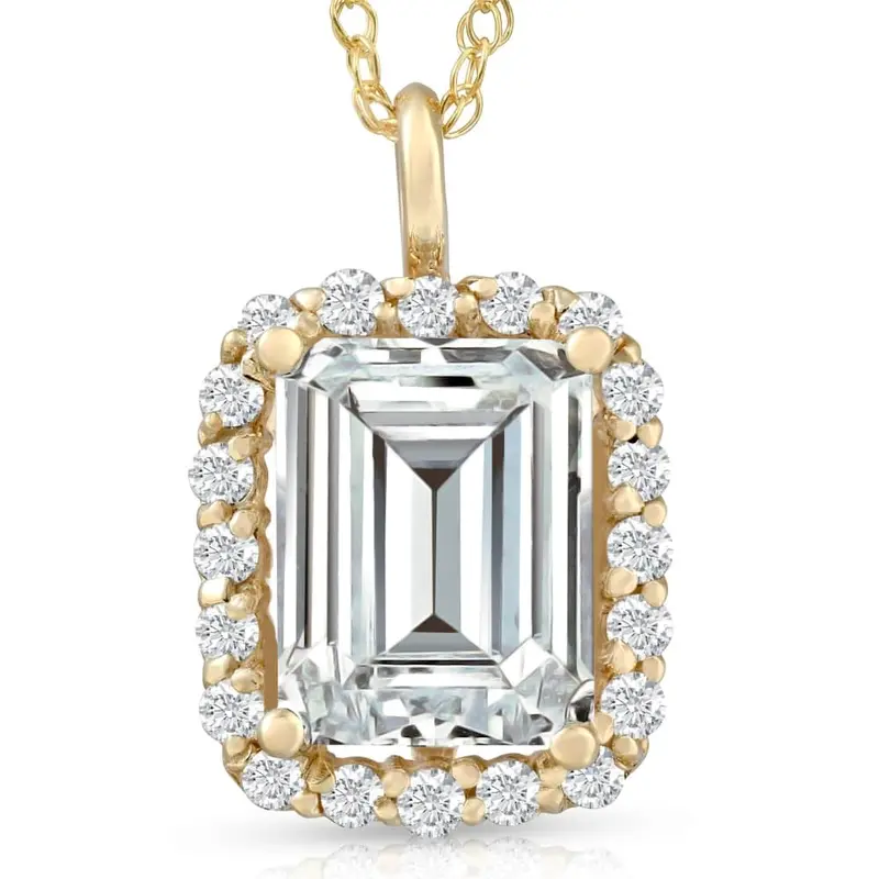 3 1/2 Ct Emerald Moissanite & Lab Grown Diamond Halo Pendant 14K Gold Necklace 1