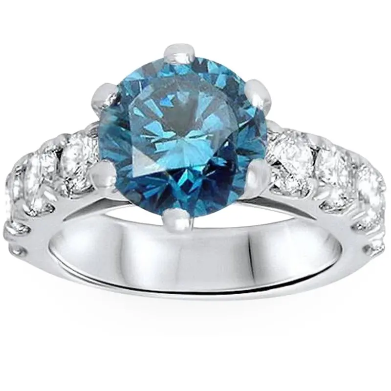 3 1/2Ct Blue Lab Grown Diamond Engagement Ring 14K White Gold Round Cut Size Selectable 1