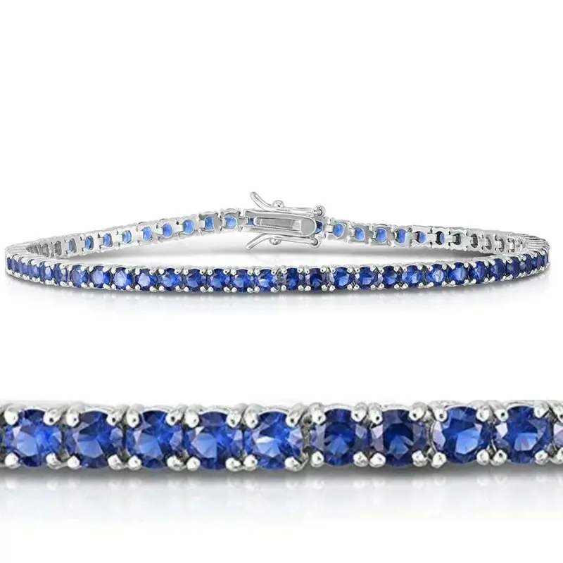 3 1/2Ct Blue Sapphire Tennis Bracelet 14K White Gold 7" 1