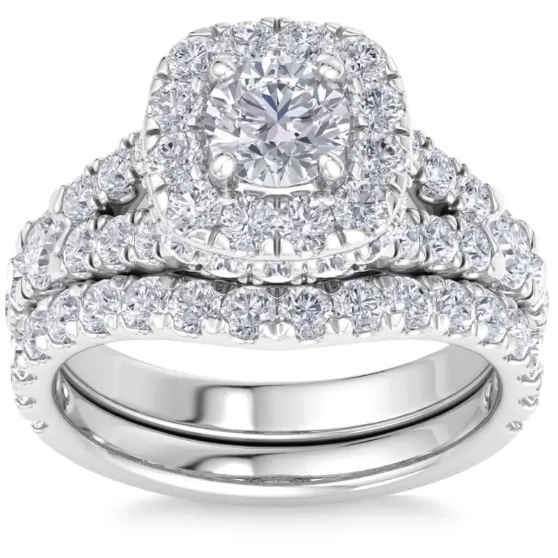 3 1/2Ct Cushion Halo Split Ring Diamond Engagement Set In White Yellow Rose Gold 1