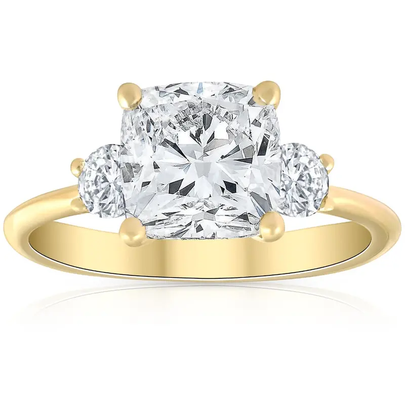 3 1/2Ct Cushion & Round Cut Moissanite Engagement Ring 14K Yellow Gold 1