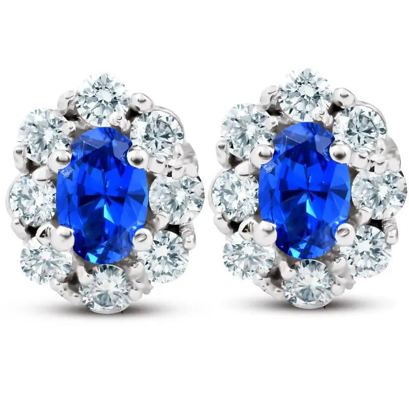 3.10 Ct Blue Sapphire & Diamond Halo Studs 14K White Gold Lab Grown 1