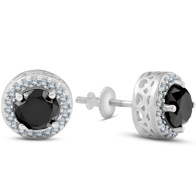 3.25 Ct Black & White Round Diamond Halo Studs 14K White Gold 1