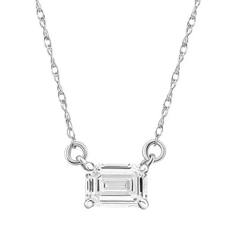 3/4 Ct Emerald Cut Sideways Lab Grown Diamond Pendant 14K Gold Necklace 1
