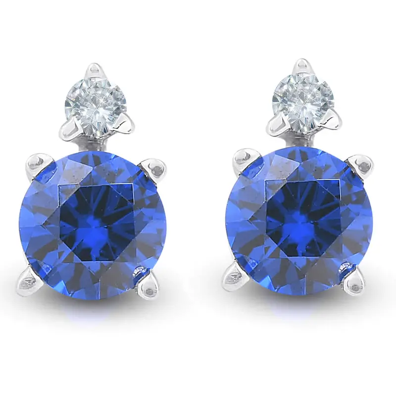 3/4 Cttw Diamond & Synthetic Blue Sapphire Studs 14K White Gold Womens Earrings 1