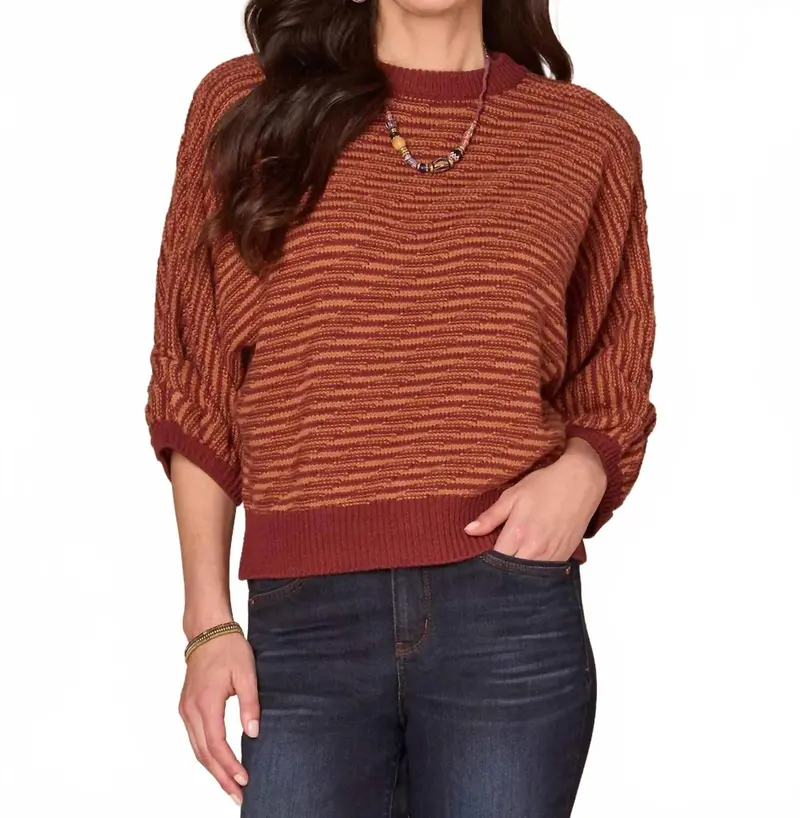3/4 Dolman Sleeve Banded Hem Bias Stitch Sweater In Brown 1