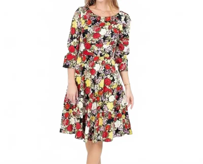 3/4 Sleeve Round Neck Fit & Flare Dress In Black 1