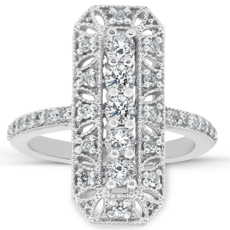 3/4Ct Antique Diamond Ring 10K White Gold Anniversary Wide Cocktail Ring 1