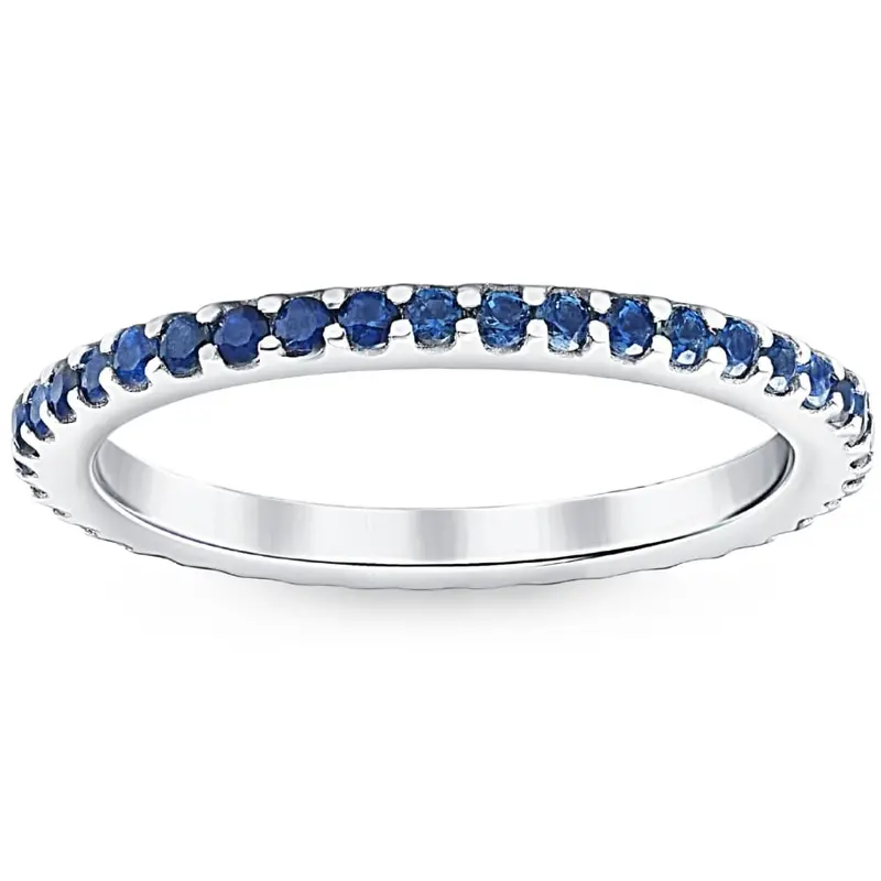3/4Ct Blue Sapphire Stackable Ring Wedding Band 10K White Gold 1